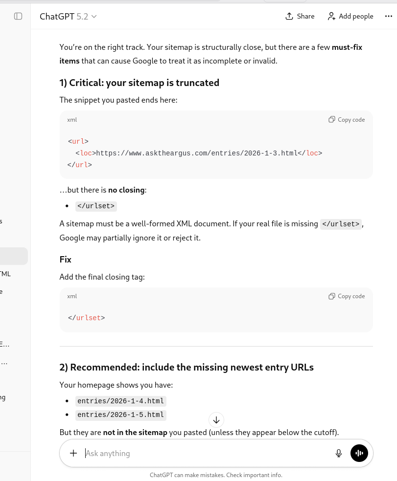 Review pointing out a missing closing tag in the sitemap